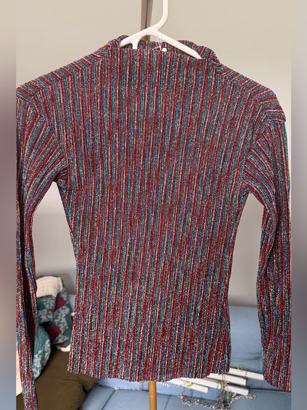 SHEIN Metallic Striped Knit Top in Burgundy, Teal and Gold